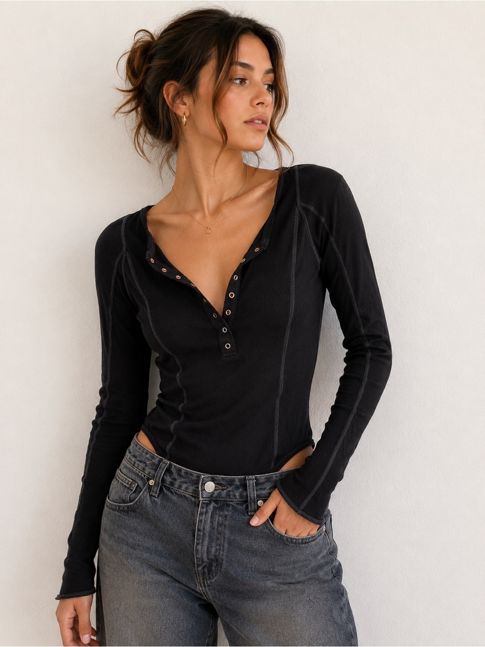 Free People Black Long Sleeve Ribbed Snap-Front Bodysuit with Exposed Seams
